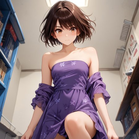 Action Scene, Action Pose, score_9, score_8_up, score_7_up, source_anime, masterpiece, best quality, highly detailed, Expressiveh, flushed, Leg, 
1girl, hinase hotaru, (/A Condition Called Love)/, (ultra HD quality details), dark brown hair, short hair, (brown eyes)
Mesh, Strapless, Midi Dress, Purple Dress, Floral, Violet,
Low Angle View, hiding, Bangs, darkness, blushed skin, galaxy vortex, translucent hair, shy,