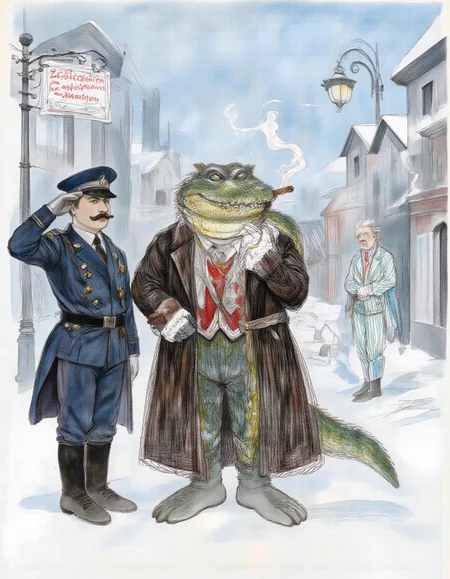 <lora:chizhic:1>, This image is a detailed, hand-drawn illustration in a whimsical, cartoonish style. It depicts three characters standing on a snow-covered street in a winter setting. On the left, a uniformed police officer stands at attention, saluting with his right hand. He is dressed in a dark blue uniform with gold buttons, a hat with a white band, and a white belt. His face is partially obscured by a mustache., 
In the center, a large anthropomorphic alligator stands confidently. The alligator is dressed in a long, dark brown fur coat with a white fur collar, brown fur gloves, and brown fur boots. It has a green, scaly skin texture and wears a red tie with a gold button. The alligator is smoking a cigar, and wisps of smoke curl from its mouth., 
To the right of the alligator stands a small, white-haired man in a light blue striped suit with a red tie. He is holding a hat in his right hand and appears to be listening attentively., 
In the background, there are buildings with snow-covered rooftops, a streetlamp, and a sign that reads, "Zoologischer Garten" in German. The overall scene conveys a whimsical, historical atmosphere with a touch of humor