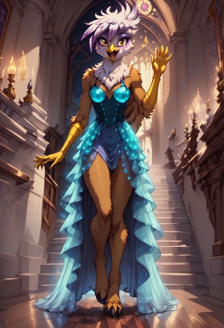 score_9, score_8_up, score_7_up, anthro,
(((Gilda))), Griffon,
facing viewer, front view, female focus, view from chesthight,
g5, pony, female, mare, tail, dock, solo, 1girl, highly detailed, beautiful, detailed eyes, detailed fur, beautiful eyes, (tall), ((perfect body proportions), (beautiful long legs),
small breasts, show accurate skin colour,
long hair, fluffy hair, biggest hair,
(((walking ((down)) a grand staircase))), (((waving to viewer))), ((happy, excited, smiling at viewer invitingly)),
(((wearing a beautiful eyecoloured bioluminescent shoulderfree ballgown))), glowing ballgown,
BREAK,
highly detailed background, (((nighttime))), night
inside Canterlot castle, ballroom, ((grand staircase)), mirror marble floor, (((dimmed lights in the room))),