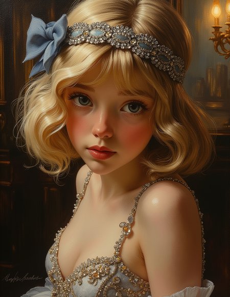 A close up portrait oil painting of teen Princess Cinderella, set in the opulent surroundings of a grand Gatsby-era ballroom. She is wearing a shimmering 1920s flapper dress adorned with intricate beadwork and fringes that catch the light and headband complements her chic bob hairstyle. She has blond hair, blue eyes, petite, and pale white skin.
Focus on the Cinderella, shadow and light, Masterpiece, intricate lines, intriguing atmosphere, sharp magnificent details, delicate features, elaborate details, (2\3 rule composition:0.5), ultra detailed, romantic, Rembrandt lighting, brush stroke, lovely, del1cate_balance style, novuschroma, in the style of Rembrandt. vantablack <lora:style_of_Rembrandt_FLUX_135:.8> <lora:- Flux1 - vanta_black_V2.0:.3> <lora:Delicate_Balance:.3> <lora:113_novuschromaFLX_1:.2> <lora:neeeg_f1:-1>
 <lora:zavy-disney-cinderella-fxl:.4>