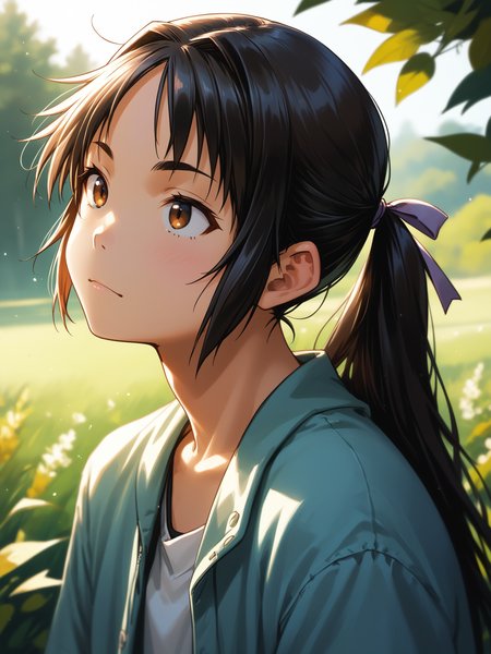 (upper body, solo focus:1.2) <lora:happy_tentacle-hinata-v0.1-000060:1>, ht_hinata, black hair, brown eyes, (petite:1.2), <lora:Shed_The_Skin's StS_age_slider_v1_initial_release:-1.2> ( :1.1) ( , , ( :1.2) , , looking up :1.2) , outdoors, vegetation, ( :1.1), , (day :0.6), (blue sky:0.6) , (:0.5), , ( :0.9), (meadow :1.2) ( :0.8) score_9, score_8_up, score_7_up, score_6_up, score_5_up, score_4_up, ( [(realistic, photorealistic:1.3):(realistic:1.2):16] [(3d:1.2)::14] :1) <lora:LUUNA's Lunas-NijiJourney-SDXL-B2:0.35>, nijijourney <lora:prgfrg23's Counterfeit-V3.0 Style SDXL_LoRA_Pony Diffusion V6 XL:0.5> <lora:mfcg's mfcgXL:0.12> <lora:reweik's gyokai(himehajime)_PonyXL_style_v01:0.14>