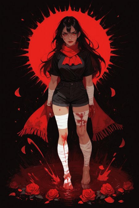 1girl, bandages, flower, solo, black hair, blood, red eyes, rose, long hair, bandaged leg, bandaged arm, scarf, red flower, pool of blood, full body, standing, petals, looking down, blood on hands, breasts, red rose, red scarf, black background, wading, barefoot, blood on bandages, zPDXL3, detailxl,  Score_PnyReal, (lineless:1.5)
