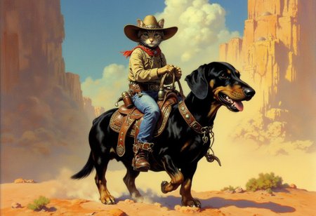 Frank Frazetta sci-fi oil  painting of just a happy all black  Dachshund wearing a small saddle with a cat wearing a cowboy hat dressed like a cowboy riding on his back,  a classic gothic baroque fantasy art painting with vibrant colors, digital artwork, illustrative, matte painting, highly detailed, highly dramatic lighting