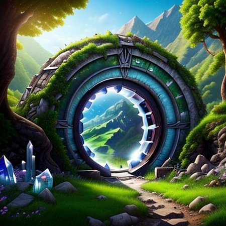 Hyperrealistic art, fanmou, lush green wooded mountain pass landscape, a fantasy Circular portal made of crystalz, (Circular portal:1.3), fantasy, Nether Portal, portal, stargate, gateway, blue sky, Extremely high-resolution details, photographic, realism pushed to extreme, fine texture, incredibly lifelike,