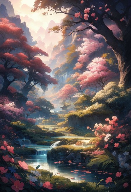 A beautiful landscape reminiscent of a spring. A garden with a warm wind blowing. 
garden filled with blooming plum blossoms. 
You will be enchanted by the beautiful paintings. 
best quality, 8k, ultra-detailed, very aesthetic, superb composition, finest details, intricate details, absurdres, high contrast,