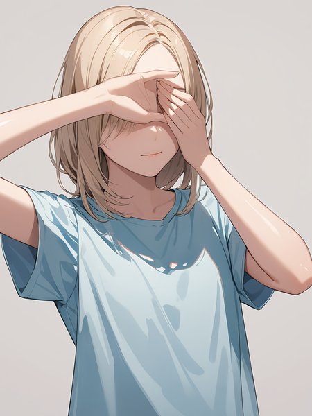 masterpiece,ultra-detailed,best quality,8K,illustration,cute face,clean skin ,shiny hair,girl,simple background, <lora:add-detail-xl:1> <lora:face concealment_XL_V1.0:1> face concealment, covering face,arm up