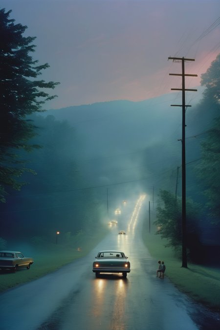 <lora:Gregory Crewdson Style:1>Gregory Crewdson Style - driving through the smoky mountains at dusk Gregory crewdson