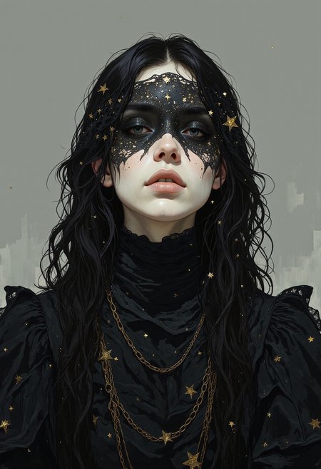 A mysterious female figure with pale white skin and no visible eyebrows. Her eyes are hidden behind a black lace veil adorned with gold stars of varying sizes. Her long, wavy black hair frames her face and falls down her shoulders. Her lips are full, painted a soft matte white. She is dressed in a layered, intricately detailed black gown decorated with tiny golden stars and delicate chains. The image captures her from the front, focusing on the upper half of her body. The lighting is soft, creating a mystical and somber atmosphere. The background is a smooth, grayish gradient with no distinct elements, giving the image a minimalistic and surreal feel.   <lora:FLUX-daubrez-DB4RZ:0.83> DB4RZ, DB4RZ style painting, <lora:ILLUSTRATION_2_FLUX v2:0.53> <lora:Fantastic Realism - s0_8 g4:0.43> f4nt4st1c,