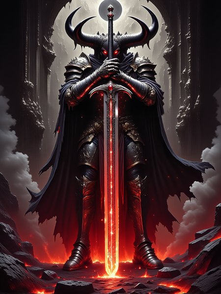 highly detailed dark fantasy digital painting, low-angle shot with a symmetrical composition, the scene shows a towering, faceless demon knight standing imposingly before a massive infernal portal, facing the viewer, his broad, curved horns are perfectly symmetrical, the demon wields a legendary, awe-inspiring magic greatsword in one hand, the bladeâs crossguard and pommel are encrusted with fiery, glowing rubies that pulse with infernal energy, bright orange-red sparks fly from where the greatsword touches the volcanic ground, the demon's piercing crimson eyes burn with intense focus as they lock onto the viewer, his dark, intricately engraved armor is forged from infernal metal, each piece meticulously crafted, exuding an ominous and powerful aura, a dark, tattered cape billows behind him, adding to his menacing presence, in the background, the massive infernal portal looms, surrounded by intricate carvings and ancient, faintly glowing runes etched into the stone, dim red light seeps through cracks, illuminating the portal and casting an eerie glow on the scene, the fiery, dim lighting of the scene enhances the dramatic contrasts, as glowing sparks float through the air, subtle shadows and smoky tendrils rise around his feet, faint reflections from lava flows cast across the jagged rocks, illuminating the intricate engravings of his armor and the fierce, supernatural quality of his form, hkstyle, holding sword, wearing armor, celestium style, arsmjstyle, dnddarkestfantasy, <lora:fantasy_knights-v2-flux-by_hailoknight:0.96> <lora:style-celestium-v0.1-flux-by_sterlingangel:0.52> <lora:style-dnd_dark_fantasy-flux-by_arsmachina:0.68> <lora:image_enhancer-flux-by_dever:0.8>