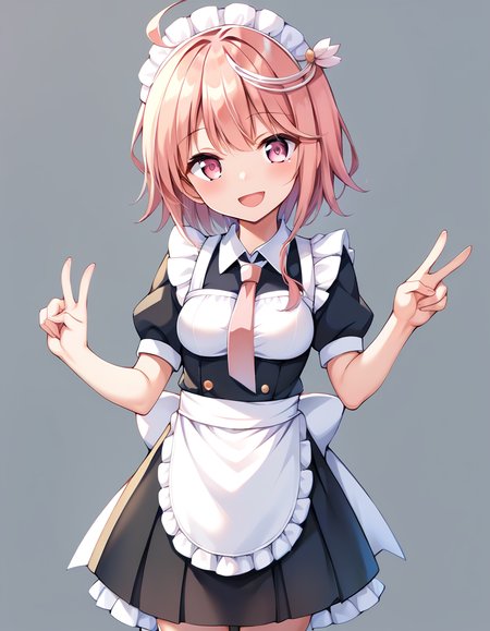 score_9, score_8_up, score_7_up, score_6_up, score_5_up, score_4_up, source_anime, rating:general,
BREAK,
1girl, solo, standing, simple background, looking at viewer, smile, open mouth, v, 
 <lora:i-58_kancolle_pony_v1:1>  i-58 \(kancolle\), pink hair, short hair, pink eyes, maid,