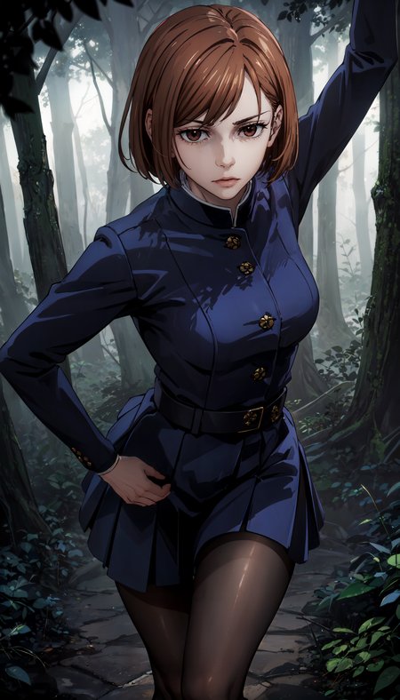 photorealistic, (4k), depth of field, (Masterpiece), (realistic skin texture), extremely detailed, intricate, hyper detailed, professional photography, bokeh, high resolution, sharp detail, best quality, girl, short hair, brown hair, brown eyes, blue jacket, overhanging shirt, long sleeves, blue skirt, pantyhose, <lora:GoodHands-beta2:0.5> , <lora:detail_slider_v4:0.8> , dynamic pose, (hands folded),   <lora:Nobara Kugisaki:0.8> , dark forest, mist, fog, demonic forest, night,
