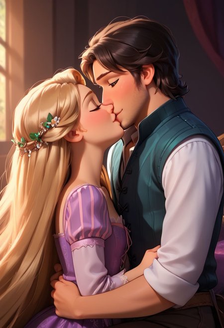 score_9,score_8_up,score_7_up, rapunzel, FlynnRider, muscular FlynnRider, rapunzel, couple, girl with green eyes, boy with brown eyes, happy, kissing