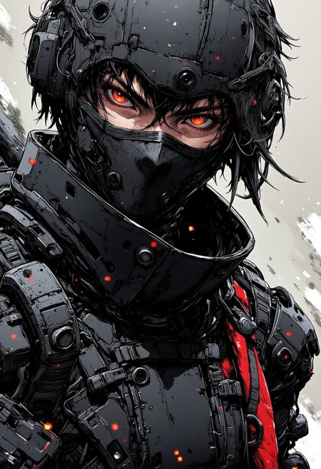 nistyle, monochrome Manga Sketch, extreme Face Closeup, Female masked Ninja, outworn Cotton mask, Killing Gaze, bushy eyebrown, fighting stance, closeup with a high collar, sci-fi welements, hyperdetailed manga sketch style, with bleached vibrant colorful neon color Highlights, grey, and white color grading.