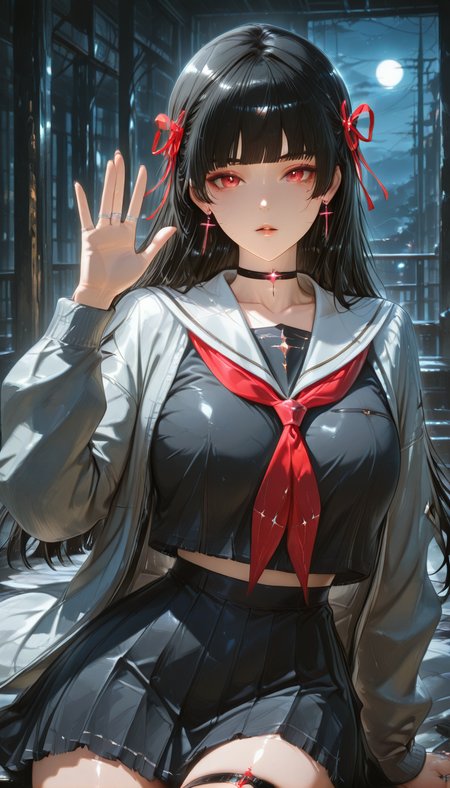 <lora:LCMTurboMix_Euler_A_fix:1> <lora:example_SDXL:0.3>, EZRealPONYXL, <lora:Dramatic Lighting Slider:3> <lora:realistic filter [IL]:1>
DSLR,realistic,cosplay photo, (very awa,masterpiece,best quality,year 2024,newest,absurdres,highres:1), realistic,skin texture,facial features, photography shot with Canon EOS 5D Mark IV , realistic, RAW, best quality, masterpiece, amazing quality, skin details,
1girl, highly detailed beautiful face, large natural breasts,
detailed background, shiny skin, dutch angle, night, moonlight,
beautiful detailed eyes, intricate details, absurdres, anime screencap,
 <lora:Chisa_WWave_ILXL_kill0825:1>
WWChisa, long hair, breasts, black hair, red eyes, hair ribbon, earrings, parted lips, mole, red ribbon, mole under eye, black choker, cross, hime cut, cross earrings, latin cross, blunt bangs, straight hair,
shirt, skirt, long sleeves, ribbon, jewelry, jacket, school uniform, collarbone, earrings, pleated skirt, open clothes, serafuku, black skirt, sailor collar, open jacket, red ribbon, black shirt, neckerchief, thigh strap, black choker, ring, cross, red neckerchief, white sailor collar, black serafuku, grey jacket, midriff peek, multiple rings, necktie, miniskirt, crop top, high-waist skirt, crop top overhang, 
cowboy shot, looking at viewer, sitting, close up, dynamic pose, waving,
