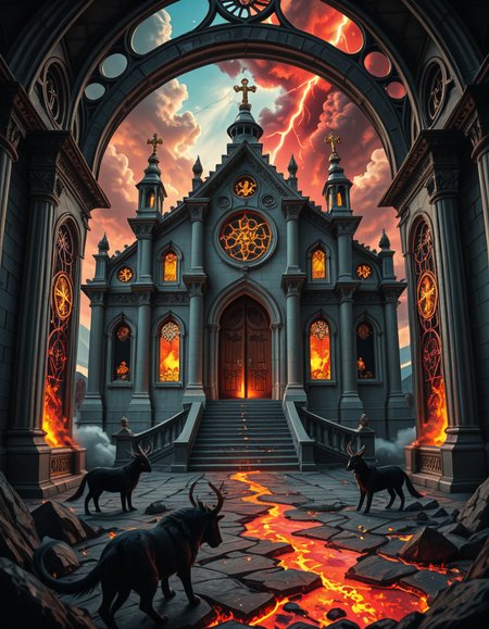 A once-majestic celestial temple, now under siege by the forces of Hell. The grand white stone structure is cracked and scorched, its golden crosses twisted and broken. The stained-glass windows, once glowing with warm divine light, are now shattered, with demonic symbols glowing ominously in their place. The sky, once a serene blue, is now consumed by dark storm clouds, swirling with red lightning and thick smoke.
Black, jagged chains extend from the sky, wrapping around the temple as if trying to pull it down into the abyss. The once-fluffy clouds beneath the structure are now a chaotic mix of fire, ash, and dark mist, with glimpses of molten lava cracks below. Infernal creatures with glowing red eyes lurk in the shadows, their silhouettes barely visible through the smoke and fire.
The temple doors are blown open, revealing an eerie red glow emanating from within, as if Hell itself is consuming the sacred space. Massive demonic runes are etched into the stone, pulsating with an unholy energy. The entire scene is bathed in a deep crimson and orange glow, giving it an apocalyptic and nightmarish atmosphere.
Style & Lighting:
- Dark fantasy, highly detailed
- Dramatic, high-contrast lighting with fiery glows
- Cinematic composition, epic scale
- Strong use of shadows, embers, and atmospheric foghighly detailed and atmospheric view from inside a massive birdcage, large enough for a human to stand inside. The cage is made of ornate, aged metal bars with intricate Victorian-style patterns, curving elegantly towards the domed ceiling. Sunlight filters through the gaps between the bars, casting long, dramatic shadows on the wooden floor. Delicate vines and small flowers have begun to grow around the bars, adding a touch of nature reclaiming the space. The background beyond the cage is blurred, hinting at a lush garden or a mysterious, abandoned mansion. The ambiance is serene yet slightly melancholic, with warm golden light illuminating dust particles floating in the air. Soft feathers are scattered on the floor, adding to the sense of quiet abandonment. The perspective makes the viewer feel as if they are inside the cage, looking outward, surrounded by both beauty and confinement. The style is highly detailed and realistic, with a cinematic and slightly surreal atmosphere.
<lora:SDXLFaeTastic2400:0.4> <lora:extremely_detailed:0.4> extremely detailed 
<lora:evil_celestial_t3mpl3-i:1> evil celestial t3mpl3, Masterpiece,best quality,hi res,8k,hi res,8k,award winning,(sharp focus, intricate, highly detailed),