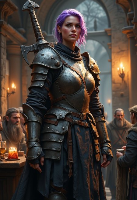 masterpiece, 8k, HDR, 3 D, best quality, photography, analog style, real life, extremely beautiful, (highly detailed, intricately detailed), 
A beautiful photorealistic, towering female knight about 9 foot tall with a muscular build in medieval plate armor. She has a powerful presence and stands much taller than average. Her armor is heavily reinforced around her chest. There is an oversized greatsword on her back. She holds nothing in her hands. Despite how strong and muscular she appears, there is something cute about her face. She has short layered purple hair, and light purple makeup that matches her hair. She stands in a medieval tavern where people are chatting, drinking medieval drinks, and having fun. The objects and people in the background emphasize her massive height. She towers at least two feet taller than the people drinking and having fun around her. Peasants in medieval clothing can be seen in the background, these people are all fantasy medieval people of different species (half-elf, humans, dwarves) who are having a good time. The ambiance is warm and, relaxed, friendly.