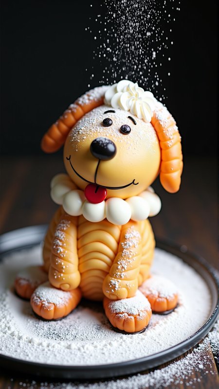 A photo of a SemlaStyle Snoopy made entirely out of semla which made out of wheat material with whipped cream and with powdered sugar on top. Food craft.<lora:SemlaStyleFlux:1>