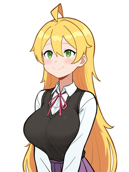 masterpiece, best quality, amazing quality, very aesthetic, high resolution,
gns1s1r, 1girl, solo, blonde hair, very long hair, green eyes, ahoge, white shirt, black sweater vest, neck ribbon, collared shirt, long sleeves, purple skirt, pleated skirt, big breasts, looking at you, smile,white background, upper body, happy 
<lora:gnsisir_style_v2_epoch_7:0.9>,