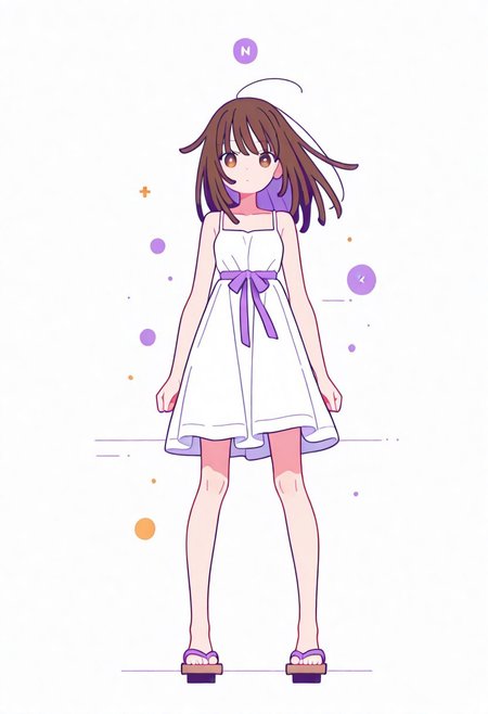 Flatline, Flat vector illustration, looking at viewer, full_body, 
nadeko, long hair, long bangs, brown hair, white dress, sundress, ribbon, bare shoulders,
slim, slender, knees, long legs, beautiful legs, barefoot, geta wooden sandals, 
from front, front view, straight-on, look at viewer, standing, (legs apart:1.4), 
white background,