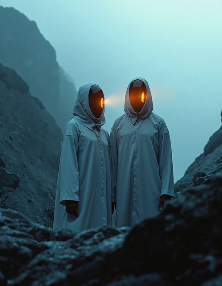 UNI_SCI_FI_CORE  
The artwork features two futuristic, faceless figures with glowing orange visors, dressed in white robes, standing amidst a misty and rocky landscape. The muted blue tones contrast sharply with the warm orange accents, creating an eerie and surreal atmosphere.



