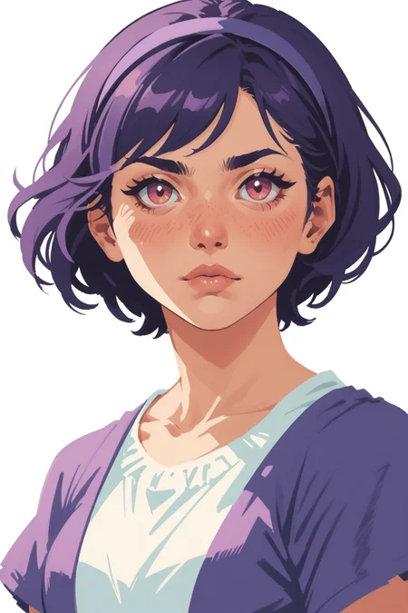 1girl, solo, hairband, short hair, purple hair, upper body, simple background, white background, purple eyes, purple hairband, :<, blush, looking at viewer, pink eyes, red eyes, shirt, jewelry, portrait, alternate costume, dress,, zPDXL3,  PnyCmicXLPOS, detailxl,  (lineless, vector art:1.5)