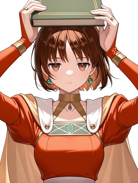masterpiece,best quality,newest,
1girl,solo,
<lora:Elfir_Traum_ilxl_v1.2:1>,elfir_traum,short hair,brown hair,brown eyes,no headwear,e_clothes,bridal gauntlets,
<lora:Fixhands_anime_bdsqlsz_V1:1>,white_background,looking_at_viewer,jitome,holding book,upper body,object on head,expressionless,arms_up,