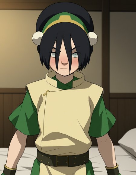 score_9, score_8_up, score_7_up, source_anime, <lora:toph-beifong-book2-ponyxl-lora-nochekaiser:1>, toph beifong, black hair, hairband, blind, grey eyes, hair between eyes, short hair,, shirt, green shirt, vest, belt, short sleeves,, indoors, bed, bed room, on side, blush, drunk, looking at viewer, solo, cowboy shot, dutch angle