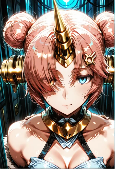 1girl,
<lora:fav_Mature_Ver3.0:1> ,
frankenstein's monster \(fate\),fate \(series\), heterochromia, single horn, mechanical horns, blue eyes, hair over one eye, pink hair, short hair, double bun, medium breasts, small breasts, cleavage,
safe,general, masterpiece, best quality, very aesthetic, absurdres, newest ,, <lora:dmd2_sdxl_4step_lora_fp16:1>,, kenchi,