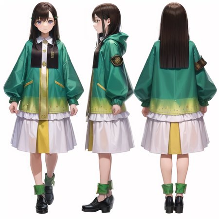 ((masterpiece, best quality)), original, absurdres, ((sfw)), <lora:NeverStyleV2A:0.5:NONE>, <lora:RoxanneStyle:0.5:NINALL>,
creative, interesting, detailed, intricate, colorful,
((chara-sheet, multiple views, full body, front, back)), <lora:Turnaround:1:INALL>,
((1girl, solo, age 50, she is 50 years old)), ((a magistrate, tanned skin)),
((eyes, _)),
((hair, absurdly long hair)),
((clothes, raincoat, shawl, strap, doublet)),
((simple background, white background)),
((colors, green)),