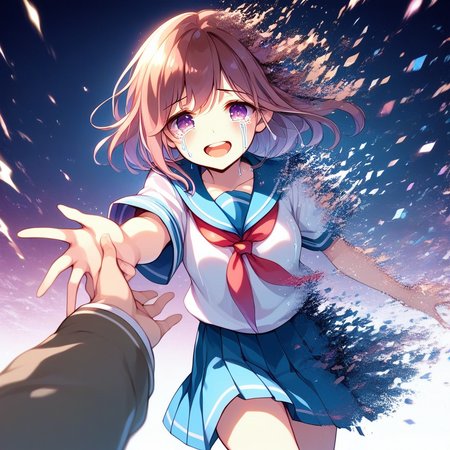 score_9, score_8_up, score_7_up, source anime, dissolving, disintegration, 1girl, skirt, pleated skirt, school uniform, red neckerchief, open mouth, brown hair, tears, serafuku, smile, neckerchief, blush, blue skirt, purple eyes, looking at viewer, upper teeth only, sailor collar, solo focus, teeth, short sleeves, :d, crying, shirt, hair between eyes, crying with eyes open, blue sailor collar, reaching, outstretched arm, sweater, glitch, 1boy, pov hands, pov, out of frame, reaching towards viewer, medium hair, <lora:dissolving-xl-pony-v2-000008:1.1>,