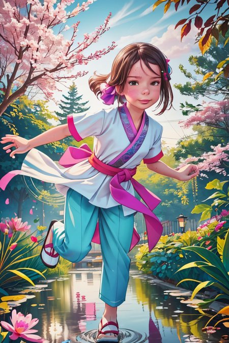 (centered) full body shot, solo adult woman in fantasy garden wearing (colorful HANFU COSTUME:1.1) (with pants) playfully jumping in a small puddle <lora:MarcelMarlier:0.8> marlier, Ombre color scheme of neon pink, neon blue, neon yellow, neon green,