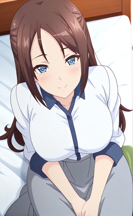 masterpiece, best quality, highres, newest, 1girl, solo, official style, anime screencap, <lora:IL_Okinaka_Yurina:1>, yurina, brown hair, long hair, blue eyes, white shirt, grey skirt, long skirt, smile, indoor, looking at viewer, cowboy shot, sitting on bed, blush, own hands together, from above