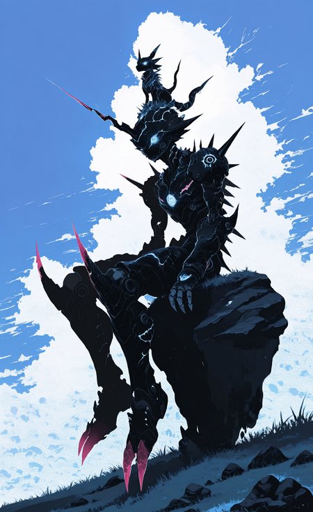 masterpiece, best quality, amazing quality, highres,  sitting, outdoors, horns, sky, day, cloud, blue sky, no humans, grass, cloudy sky, robot, mecha, spikes, single horn, rock, on head, animal on head, damaged, digimon \(creature\), limited palette, sketch, glowing, psychedelic, <lora:illustriousXL_stabilizer_v1.23:0.3> <lora:NOOB_vp1_detailer_by_volnovik_v1:0.3> <lora:ponyv6_noobE11_2_adamW-000017:0.3> <lora:XXX667:0.5> <lora:mon_monmon2133:0.6> <lora:114558v4df2fsdf5:0.7>