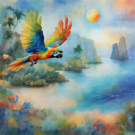pasartce.

A closeup painting of an island with a parrot in full flight.

<lora:AbstractSoftWatercolor01_CE_SDXL:1.2>