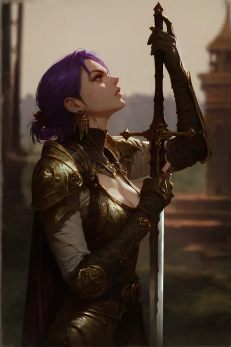 score_9, score_8_up, score_7_up, beautyfull color, aesthetic, 2d,
sabia, human, purple hair, red eyes, folded ponytail,
1girl, weapon, sword, solo, armor, holding, holding weapon, holding sword, earrings, cape, jewelry, blurry background, shoulder armor, blurry, large breasts, lips, pauldrons, profile, science fiction, outdoors, from side, parted lips, cleavege,
 <lora:Kingdom_Of_Deception_characters__PDXL_6__v3.5-000015:0.35> n0m0, 
 <lora:Brom:0.8>