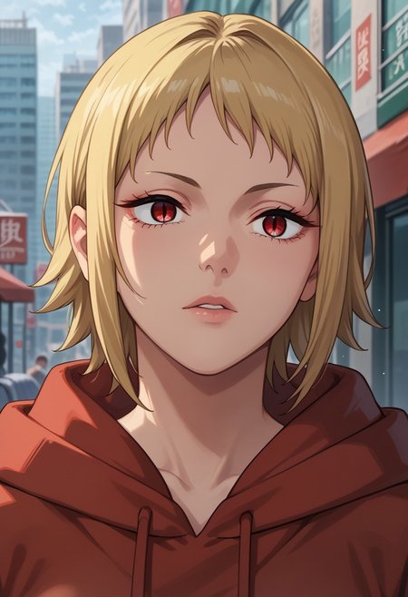 anime artwork, score_9, score_8_up, score_7_up, score_6_up, score_5_up, solo, perfect eyes, detailed eyes, beautiful female, detailed face, dynamics lines, 20 year old, perfect beautiful face, long eyelashes, sharp eyes pupils, (city), (upper body:1.5), medium breasts, 1girl, blonde hair, short hair, red eyes, slit pupils, red hoodie, looking at viewer