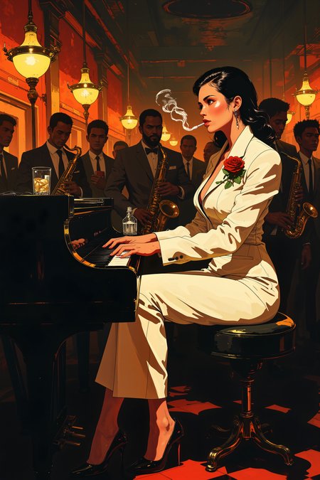 In a smoky jazz lounge, a woman in a sleek white suit sits at the grand piano, her fingers gliding effortlessly across the keys as she plays a melody that drips with cool, effortless charm. Her raven-black hair is slicked back, and her deep crimson lipstick matches the single rose tucked into the lapel of her jacket. The crowd watches in awe, entranced by both the music and the undeniable presence she carries. A silver cigarette holder rests between her fingers, a wisp of smoke curling toward the low-hanging lights as she plays without ever missing a note. The band behind her follows her lead, saxophones and bass guitar harmonizing with her every movement. Her high-heeled boot taps the floor in perfect rhythm, the glossy black leather catching the ambient glow of the clubâs golden chandeliers. The world outside is loud, chaoticâbut here, in this moment, she is untouchable. , detailed background  Fantastic lighting. Detailed shadows.intricate details, vivid colors, hyper-detailed, ultra-sharp, , ,in the style of cksc,anime, cyberpunk, DB4RZ, DB4RZ style painting <lora:CPA:0.5><lora:FLUX-daubrez-DB4RZ:0.3><lora:Luminous_Shadowscape-000016:0.3><lora:ck-shadow-circuit-000021:0.35>