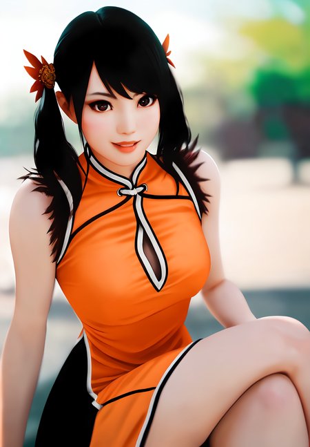 (Photo:1.3), highdetail, <lora:ling_xiaoyu:0.8>, ling_xiaoyu, 1girl, solo, sitting, smirk, formal dress, chinese clothes, orange dress, Dark red, gray, and black colors, vibrant colors, (summer, sunny weather:1.3), medium intensity lighting, (Soft focus:1.3), (acclaimed, alluring, captivating, exciting, gorgeous, striking:1.3), (ultra realistic, sharp focus:1.3)