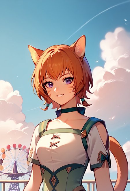 score_9, score_8_up, score_7_up, highres, (best quality:1.1), masterpiece, absurdes, multiple girls, utdoors, sky, solo focus, day, cloud, 1girl,  blue sky,balloon, roller coaster, Lethe, purple eyes, cat ears, cat tail, whisker markings, smile, (upper body:1.1)