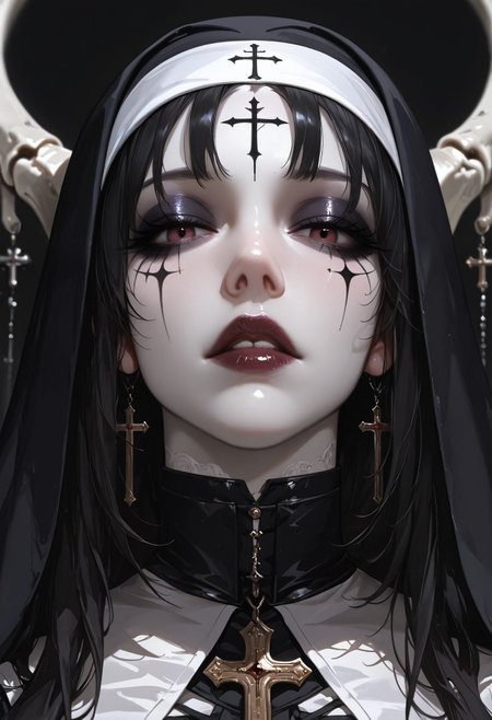 masterpiece, best quality,  very aesthetic, absurdres, newest, depth of field,realistic, goth girl  <lora:gothic_niji_style_ilxl_goofy:0.8>
1girl, latin cross, habit, nun, skeleton-human hybrid, black background, makeup, eyeshadow, looking at viewer, facial mark, veil, pale skin, lipstick, parted lips, portrait, forehead mark