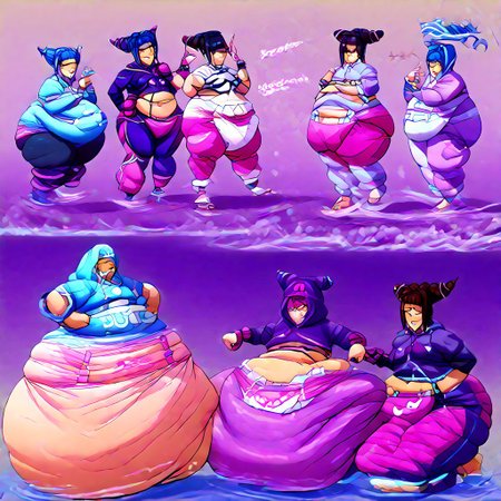 juri, juri han, street fighter, street fighter 6, felicia, darkstalkers, cat girl, blue hair, fat, female, diaper, puffy diaper, big diaper, waddle, huge diaper, chubby, onesie, massive diaper, confident, anime, anime artsyle, weight gain, fat legs, cheerful, friendly,