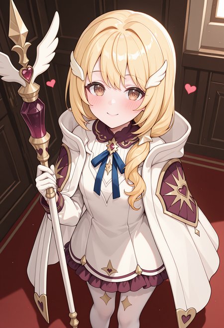 highres, best quality, masterpiece, indoors,
1girl, solo, pcrclear, blonde hair, brown eyes,
kuriadef, wing hair ornament, low ponytail, white cloak, white dress, blue ribbon, long sleeves, gloves, white pantyhose, pantyhose cutout,
looking at viewer, blush, smile,
standing, holding staff, heart, from above,
<lora:_clear_pcr-elesico-ilxl-000014:1>