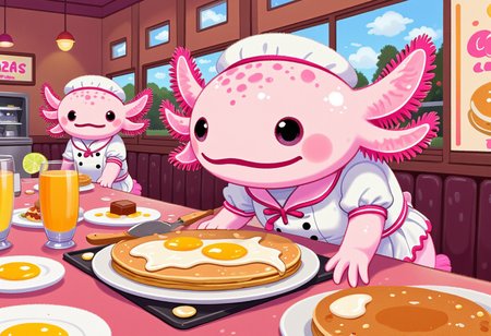 pikaole of, axolotl chef, in a breakfast diner, flipping pancakes and eggs, wearing a diner uniform, cozy and retro atmosphere, the axolotls have pink frilly gills and round black eyes