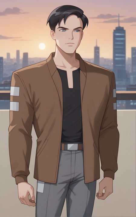 score_9, score_8_up, score_7_up, BREAK
BrownJacket_TerryMcGinnis_ownwaifu, 
1boy, black hair, grey eyes, short hair, bangs, 
bomber jacket, brown jacket, popped collar, black shirt, open jacket, long sleeves, belt, pants, grey pants, brown coat, collared shirt,
(contrapposto, hand on hip), sunset, sidelighting, cityscape, vanishing point, outdoors,  depth of field, solo,  
<lora:PONYXL_DC_BatManBeyond_TerryMcGinnis_ownwaifu_r1:0.85> , depth of field,
,