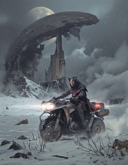 Art by Piotr JabÅoÅski. A digital illustration shoot from a front camera angle about a futuristic, anthropomorphic creature riding a futuristic vehicle in a stormy landscape. the image also shows a dark, ominous atmosphere with a large moon in the sky and a desolate, ruined structure in the background. on the middle of the image, a male, who appears to be in his mid-twenties, wearing a black, hooded cloak with glowing red eyes, is sitting on a four-wheeled, off-road vehicle. the vehicle has a sleek, metallic design with a low-tied frame and large, angular headlights. the creature has a cat-like face and is positioned in the center of the frame, facing the viewer with a determined expression. the scene is set in a desolate landscape with snow-covered ground and a large, dilapidated structure looming in the distance. the overall mood is dark and foreboding, with a sense of danger and urgency.