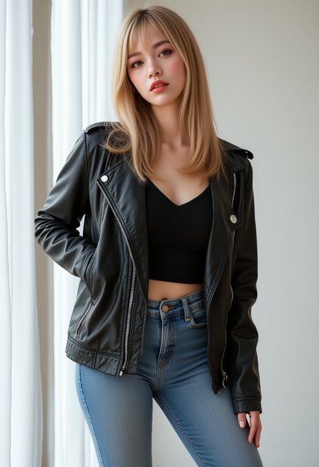She is approximately 18 years old. Hyperrealism, she is looking at the camera, (dynamic angles), headshots of a beautiful, stunning unique female character. she has hair. her brown eyes are filled with joy and excitement, extravagant eyelashes,  A photo of Ae-cha, a woman, is shown. She has blonde hair and is wearing a black leather jacket, denim blue jeans, and white sneakers. wooden floor. standing. The photo is in black and white, giving it a classic and timeless feel. Ae-cha is posing for the camera, with a hint of a smile on her face. The composition of the photo is simple and elegant, focusing on the subject and her outfit..  She has a slight smile on her face and is looking directly at the camera. The background is a simple white wall.. making this image a masterpiece of photography and digital art. Style: realistic hyper-detailed rendering, 32k UHD, expressive eyes, punk, graphic design, girl's face, pretty and cute, gleaming lips, white skin, telling a tale of adventure. Exuding confidence and serenity. The background is a simple white wall. The overall mood of the image is happy and relaxed.RAW candid cinema,16mm,color graded portra 400 film,remarkable color,ultra realistic,textured skin,remarkable detailed pupils,realistic dull skin noise,visible skin detail,skin fuzz,dry skin,shot with cinematic camera,detailed skin texture,(blush:0.2),(goosebumps:0.3),subsurface scattering,beautiful photograph in the style of Augustus John,Sergio Toppi,Virginia Frances Sterrett,8k HD,detailed skin texture,ultra realistic,textured skin,analog raw photo,cinematic grain,whimsical,detailed hand,perfect hand.perfect style.