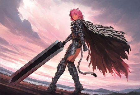 masterpiece, very aesthetic, anime screenshot, 1girl, Pink_PonyXL, DragonSlayerSword-Il.V1.0, white tiger striped armor, white tiger striped shoulder armor, gauntlets, greaves, bandaged arm, white tiger striped cape, torn cape, bright pink hair, cat ears, scar on nose, cat bell around neck, tanned, white tiger tail, small breasts, femine body, smiling, making a cute cat face, single fanged tooth showing, standing, looking at viewer, side view, wielding-dragonslayer, huge weapon, sword, holding sword, holding weapon, full body, zoomed in on pink_ponyxl, Dutch angle, zoom in on upper body
Break
Hyilian lake, bright and sunny,