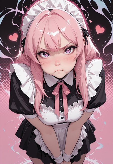 masterpiece, high_quality, highres, flat_colors, gradient, 
long_lashes, blush, looking_at_viewer, dynamic_angle, cinematic, pout, uwu, hearts, halftone_background, pink_background, black_background, ethereal_aura