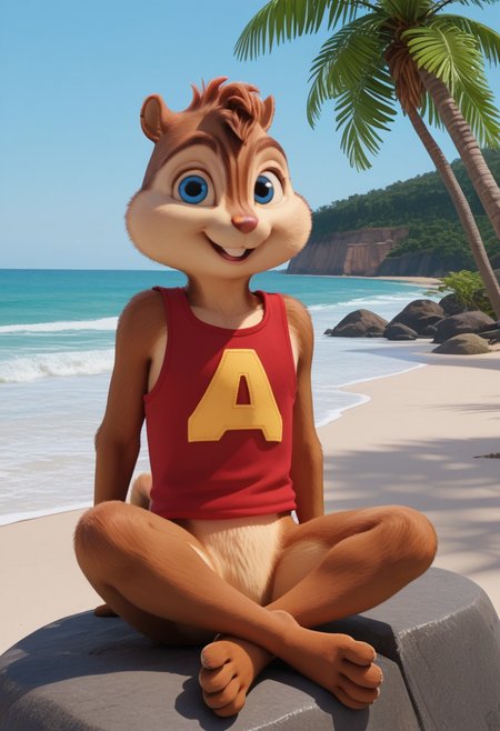 Score_9, score_8_up, score_7_up, source_furry, Alvin Seville, chipmunk, chipmunk male, furry male, furry, 3d, render, movie screencap, blue eyes, red tank top, barefoot, tail, beach, palm trees, ocean, smiling, sitting on stone bench, hands on lap, looking at viewer, <lora:Alvin _Seville __Alvin_and_the_Chipmunks__CG_Movie_version:0.8>