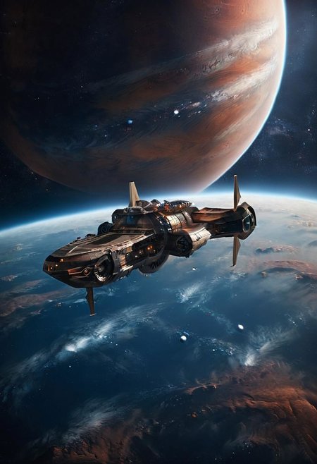 In deep DARK blueish Outer space! Illustrate a scene where a black used gritty spacecraft gracefully floating in a breathtaking, blue-hued space cosmos, set against the backdrop of a vast field of gigantic drafting brown, fragmented planet. Emphasize the cosmic beauty and serenity of the surroundings, highlighting the juxtaposition of the spacecraft in this celestial ballet
